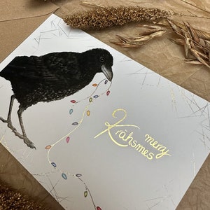 Weihnachtskarte Rabe Rabenkrähe Krähe Vogel merry Krähsmas moni goes wild Licherkette gold