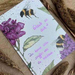 Grußkarte Hummel Glaube Selbstvertrauen Mut Neuanfang pink Hortensie lila