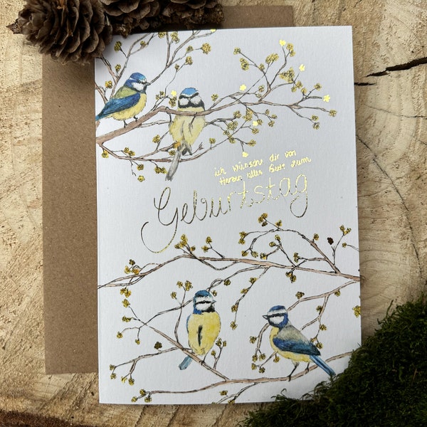 Karte Blaumeisen Vögel Geburtstag Gold moni goes wild