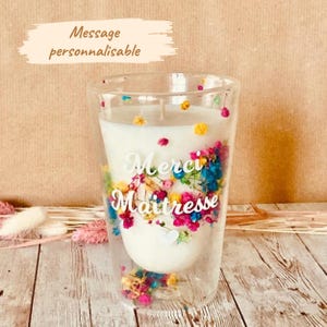 Large flower candle. Personalized candle. Nanny, teacher, mother, godmother gift candle. Dried flower candle. Double-walled glass.