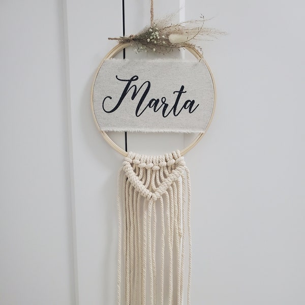 Embroidery frame with name, macrame and dried flowers Door sign | Wall decoration | personalized I