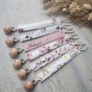 Pacifier chain sewn with name I | personalized | soft cotton fabric/muslin fabric | Wooden clip | Gift for baptism/birth