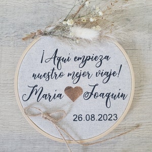 Ringkissen Hochzeit Boho Holz Stickrahmen mit Name/Trockenblumen Familiengeschenk Wanddeko personalisiert Bild 8