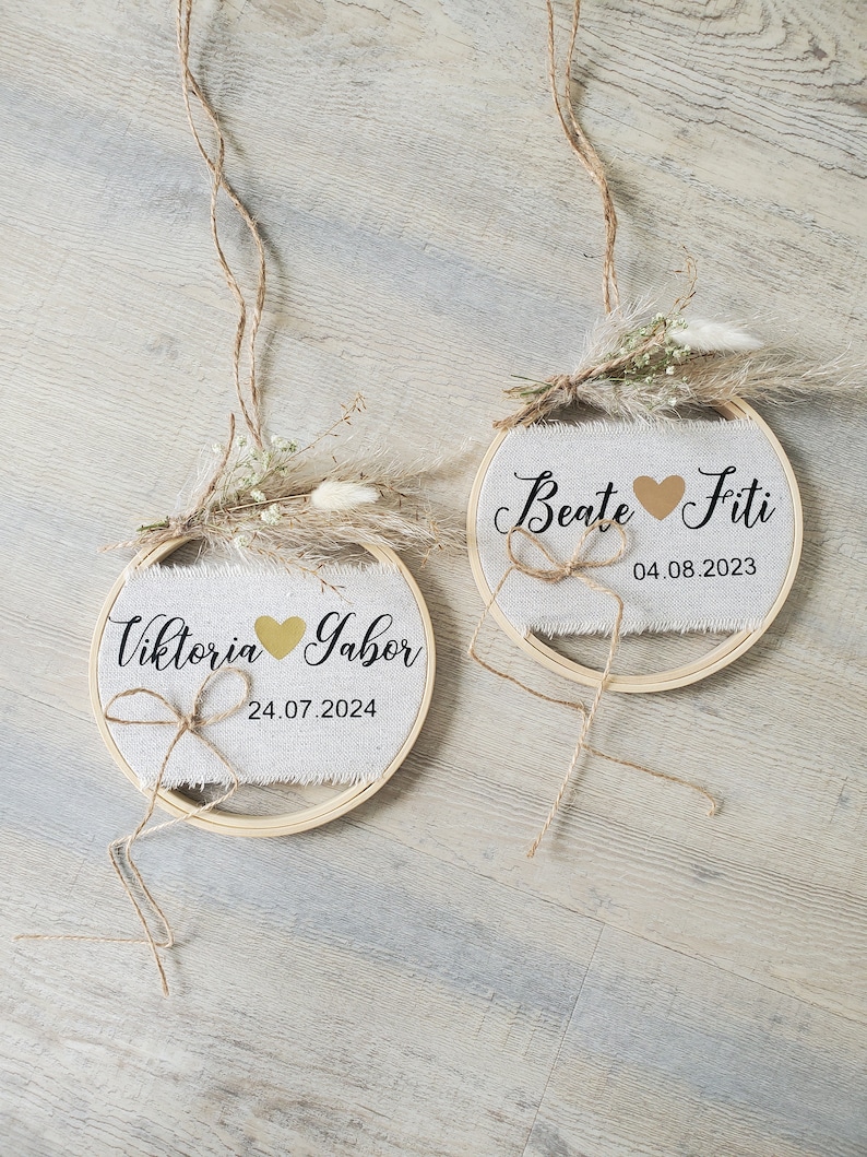 Ringkissen Hochzeit Boho Holz Stickrahmen mit Name/Trockenblumen Familiengeschenk Wanddeko personalisiert Bild 6