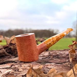 Peut inclure: Une pipe à tabac artisanale avec un foyer brun clair et un tuyau à motifs ambrés. La pipe repose sur une surface en bois vieilli, entourée de feuilles mortes, avec un arrière-plan extérieur flou.
