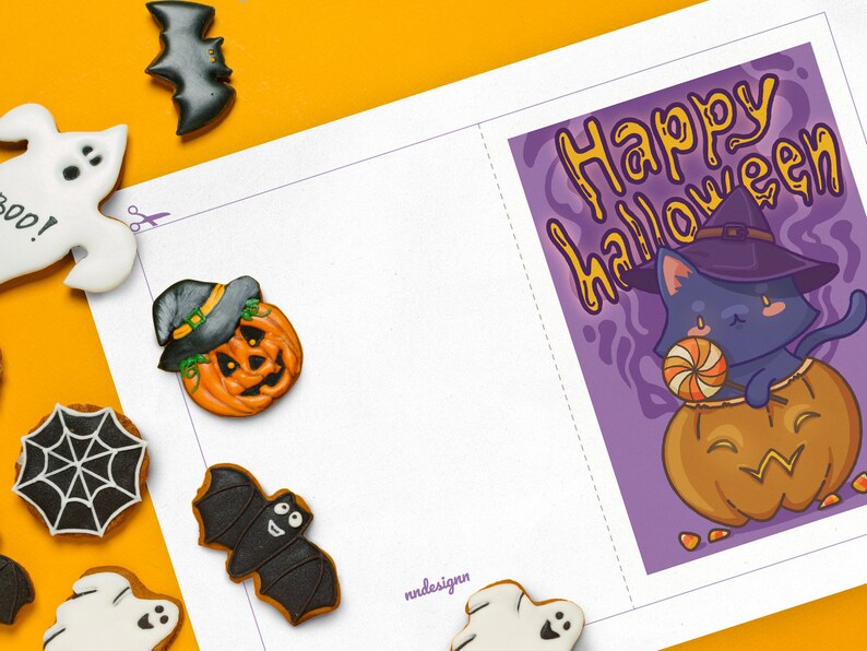 Happy Halloween Printable Gift Card With a Kawaii Black Cat Witch in a ...