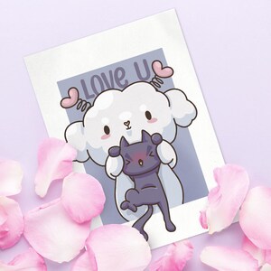 Love U printable gift card with a kawaii fluffy dog and a black cat
