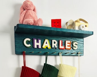 Custom Name Nursery Shelf with Hooks, Personalized Baby Shower Gift