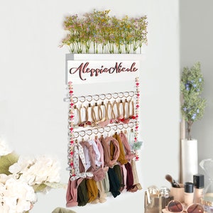 Personalized Headband Holder,Bow Holder Baby Girl Gift,Baby Shower Gift,Girl Nursery Decor With Flowers Bar and Wooden Rods