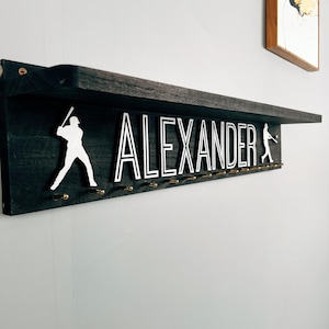 Custom Solid Wood Medal Hanger Display with Trophy Shelf: Sports Theme image 7