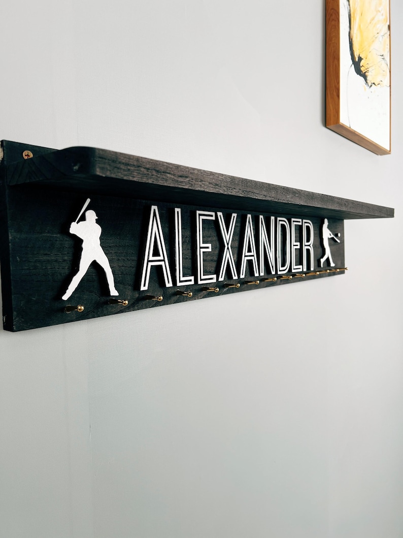 Custom Solid Wood Medal Hanger Display with Trophy Shelf: Sports Theme image 7