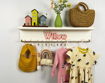 Custom Name Nursery Shelf, Solid Wood with Hanging Rod & Pegs