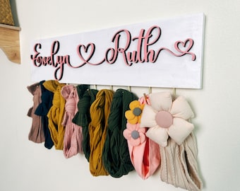 Personalized Headband Holder With 3D Wooden Name Sign,18’‘/22''Bow Holder Baby Girl Gift With Hooks,Baby Shower Gift,Girl Nursery Decor