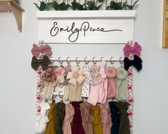 Personalized Headband Holder,Bow Holder Baby Girl Gift,Baby Shower Gift,Girl Nursery Decor With Flowers Bar and Wooden Rods