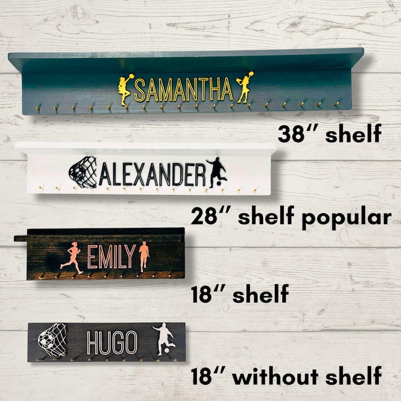 Custom Solid Wood Medal Hanger Display with Trophy Shelf: Sports Theme image 4
