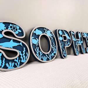 Letras de madera personalizadas para guardería, letras del alfabeto de madera, letras con temática oceánica, letrero con nombre submarino, decoración para guardería infantil