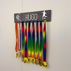 Custom Solid Wood Medal Hanger Display with Trophy Shelf: Sports Theme image 8