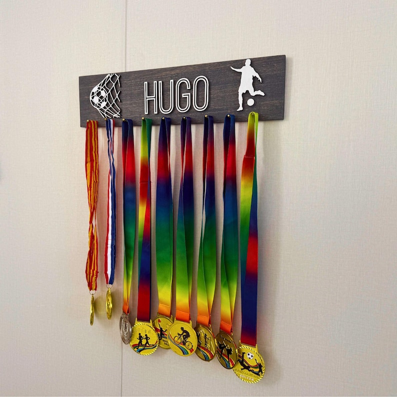 Custom Solid Wood Medal Hanger Display with Trophy Shelf: Sports Theme image 8