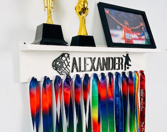 Custom Name Medal Hanger with Shelf,18''/28''/38' Sports Medal Holder Display with Shelf,20 Sports Themes Medal Hanger And Trophy Shelf