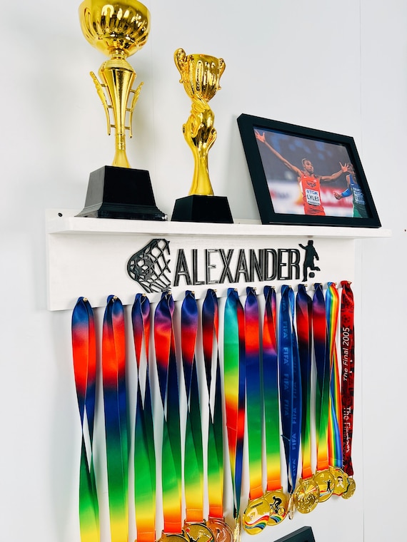 Custom Solid Wood Medal Hanger Display with Trophy Shelf: Sports Theme