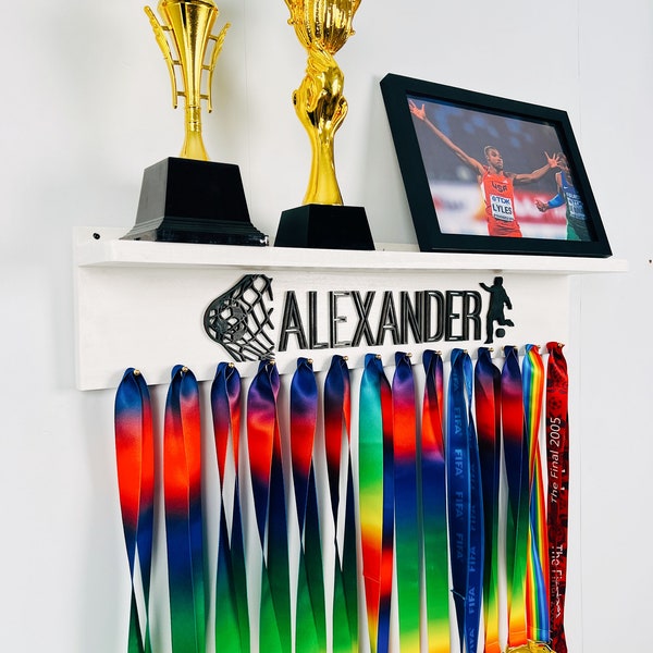 Custom Solid Wood Medal Hanger Display with Trophy Shelf: Sports Theme