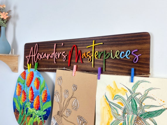 Personalized Kids Art Display: 3D Laser-Cut Wood Sign with Clips