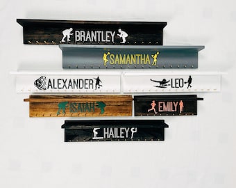 Personalized 18''/28''/38' Sports Medal Holder Display with Shelf,20 Sports Themes Custom Name Medal Hanger And Trophy Shelf
