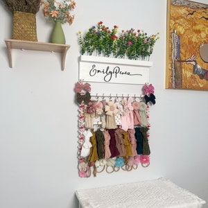 Personalized Headband Holder,Bow Holder Baby Girl Gift,Baby Shower Gift,Girl Nursery Decor With Flowers Bar and Wooden Rods