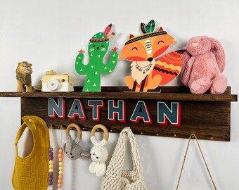 Personalized Wooden Custom Name Nursery shelves With Hooks,Custom Name Nursery Shelf With Hanging Rod,Nursery Decor,Baby Shower Gift