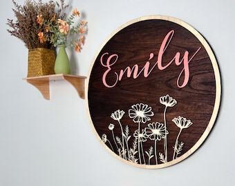 Round Flower Wooden Name Sign: Nursery Wall Decor