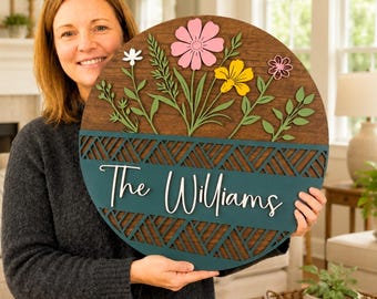 Personalized Welcome Door Hanger:Wooden Floral Wreath for Front Door Decor