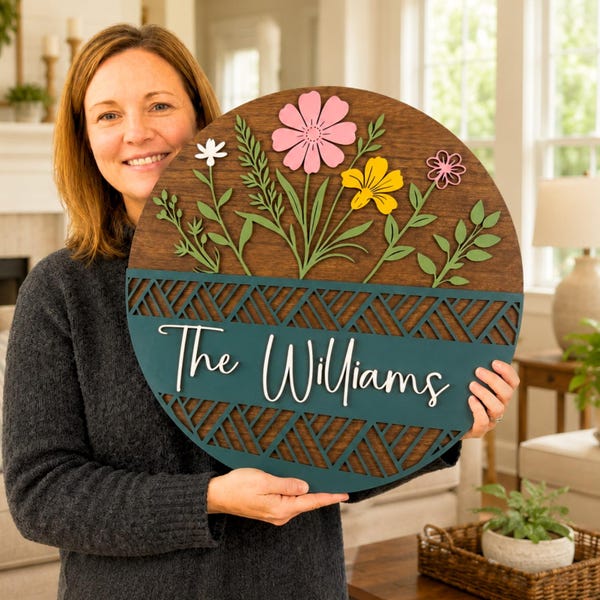 Personalized Welcome Door Hanger:Wooden Floral Wreath for Front Door Decor
