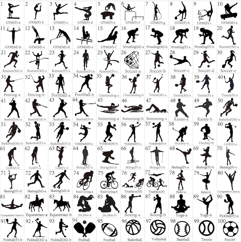May include: A black and white illustration chart of 100 different sports and activities. The chart is numbered 1 to 100 and each number corresponds to a different sport or activity. The sports and activities include: gymnastics, wrestling, running, fencing, baseball, swimming, volleyball, hockey, golf, skiing, skating, road cycling, triathlon, ballet, competitive cheer, equestrian, jiu jitsu, boxing, yoga, pickball, football, basketball, tennis, and soccer.