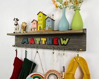 Custom Name Wooden Nursery shelves With Hooks,Personalized  Nursery Shelf With Hanging Rod,Nursery Decor,Baby Shower Gift