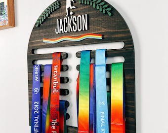 Personalized Kids Medal Holder, Sports Theme Display, Wooden Medal Hanger