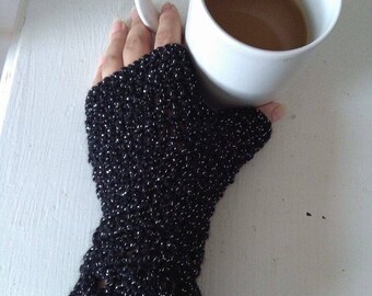 Crochet Black Fingerless Handcuffs Crochet Fingerless Mittens Crochet Boho Black Sparkles Gloves