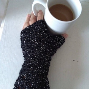 Crochet Black Fingerless Handcuffs Crochet Fingerless Mittens Crochet Boho Black Sparkles Gloves image 1