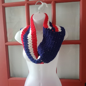 Patriotic Crochet Scarf Red White and Blue American Flag Scarf US Flag Stars and Stripes USA Apparel Infinity Scarf 4th of July