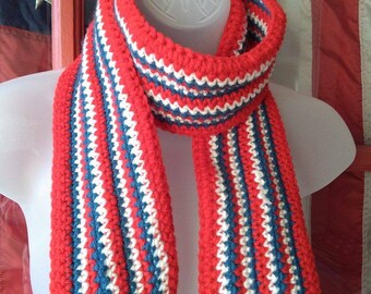 Crochet Patriotic Scarf Red White and Blue Scarf USA scarf Handmade Crochet Made in the USA Scarf