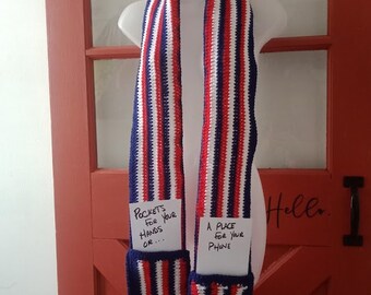 Crochet Pocket Patriotic Scarf, Red White and Blue Scarf, USA Scarf, Flag Scarf, Patriotic American Flag Scarf