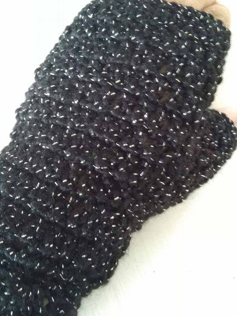 Crochet Black Fingerless Handcuffs Crochet Fingerless Mittens Crochet Boho Black Sparkles Gloves image 2