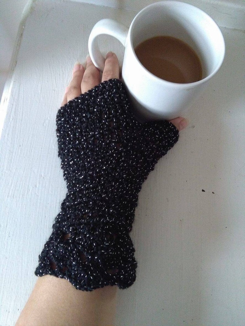 Crochet Black Fingerless Handcuffs Crochet Fingerless Mittens Crochet Boho Black Sparkles Gloves image 1