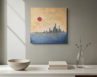 Surreal Cityscape Print on canvas | Colorful abstract Giclée Reproduction | Modern wall art | Square painting
