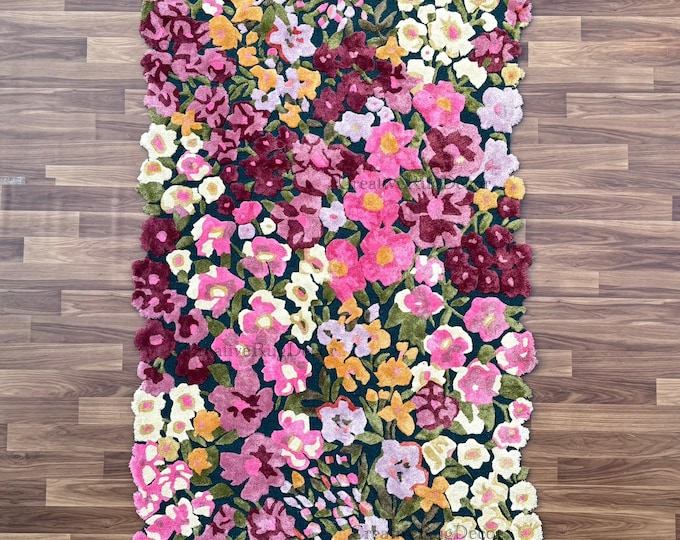 Colorful Floral Hand-Tufted Wool & Viscose Rug – Bold Botanical Area Rug – Vibrant Flower Carpet for Living Room, Bedroom Decor (Quick Ship)
