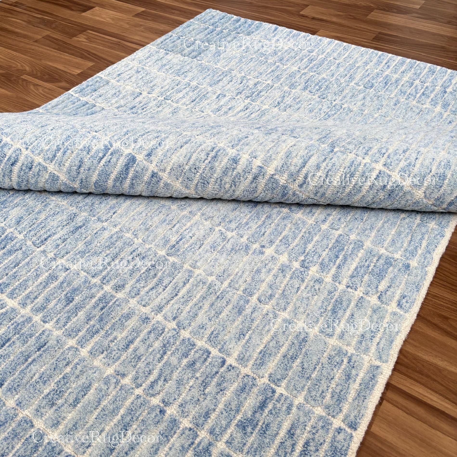 Rust Blue Rug Geometric Pattern Capitola Hand Tufted Blue Geometric Wool Rug | Modern Minimalist Block ...