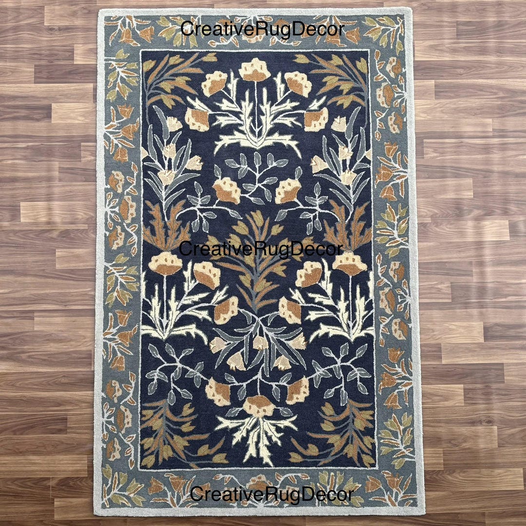 Blue Floral Wool Rug: Hand-tufted Traditional Style - Etsy
