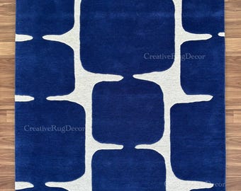 Hand-Tufted Wool Area Rug: Blue and White Geometric Modern Carpet
