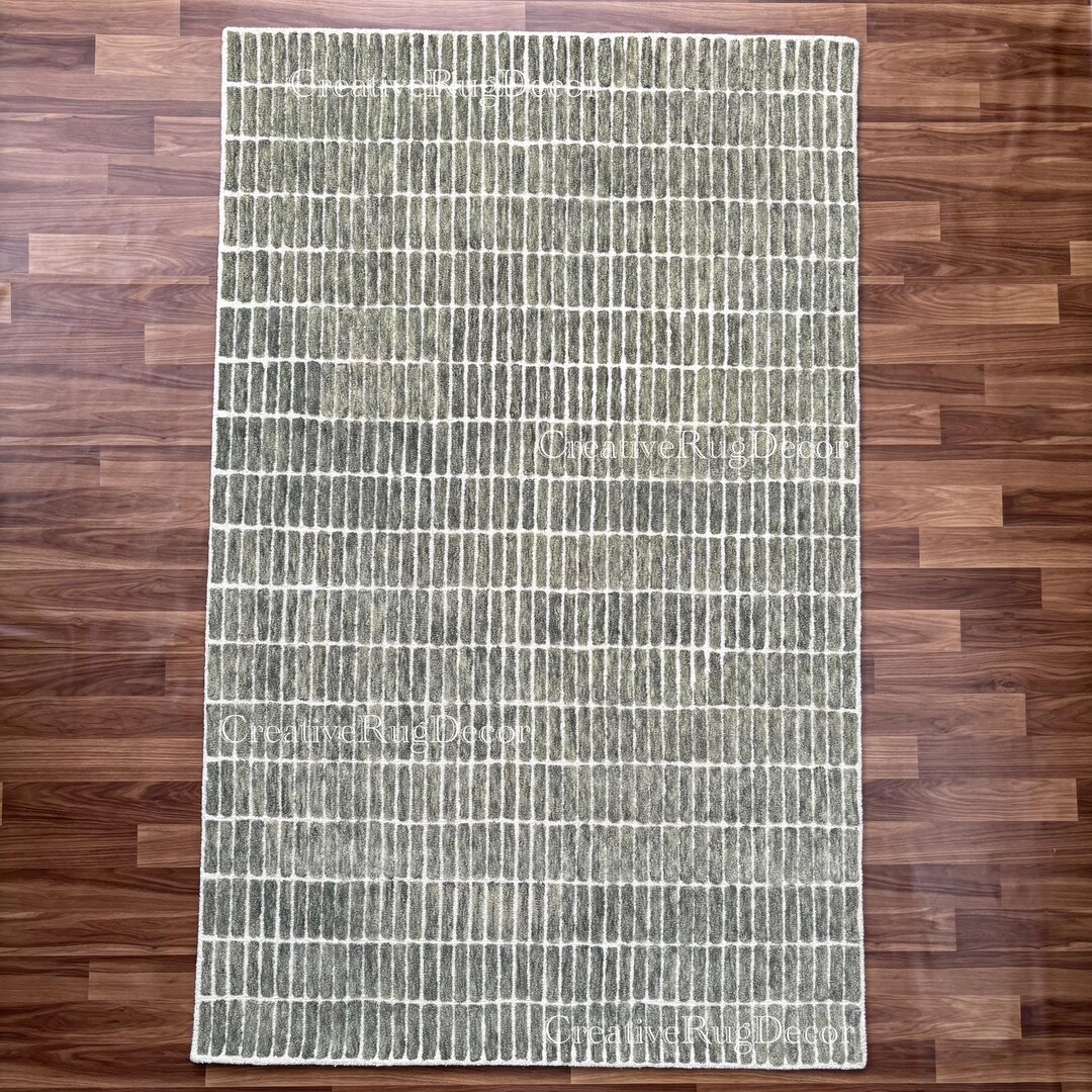 Handmade Green Wool Rug | Minimalist Geometric Block Design - Etsy
