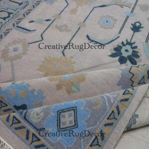 Hand Knotted Turkish Oushak Wool Rug: Gray & Blue Floral Design