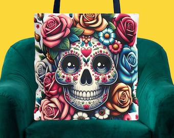 Flower Skull Tote Bag | Floral Skull Canvas Tote Bag | Beach Bag | Everything Bag | Weekend Bag | Aesthetic Tote Bag | Emo Shoulder Bag |AOP
